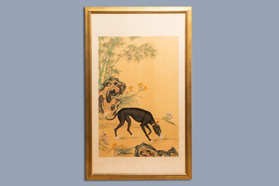 Chinese school, naar Lang Shining, inkt en kleur op zijde, 19/20e eeuw: 'Portret van een hond'